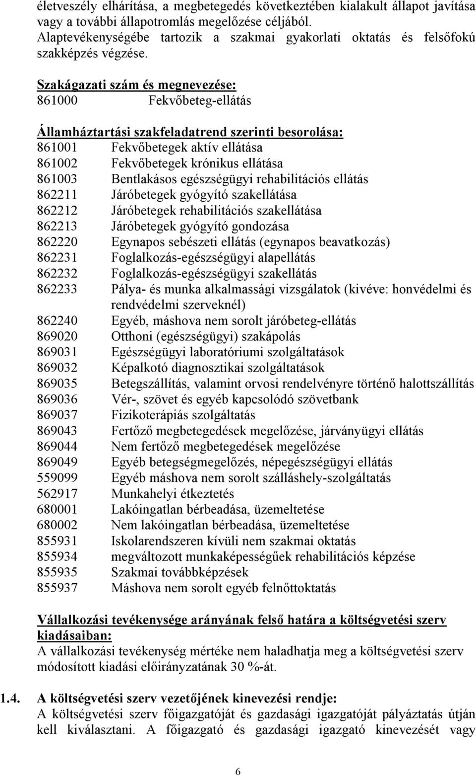 Szakágazati szám és megnevezése: 861000 Fekvőbeteg-ellátás Államháztartási szakfeladatrend szerinti besorolása: 861001 Fekvőbetegek aktív ellátása 861002 Fekvőbetegek krónikus ellátása 861003