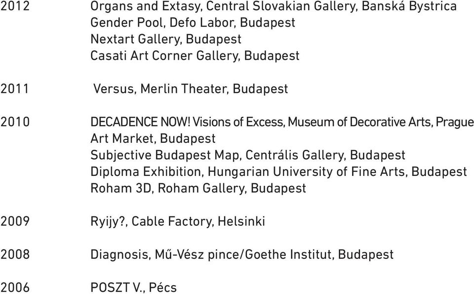 Visions of Excess, Museum of Decorative Arts, Prague Art Market, Budapest Subjective Budapest Map, Centrális Gallery, Budapest Diploma