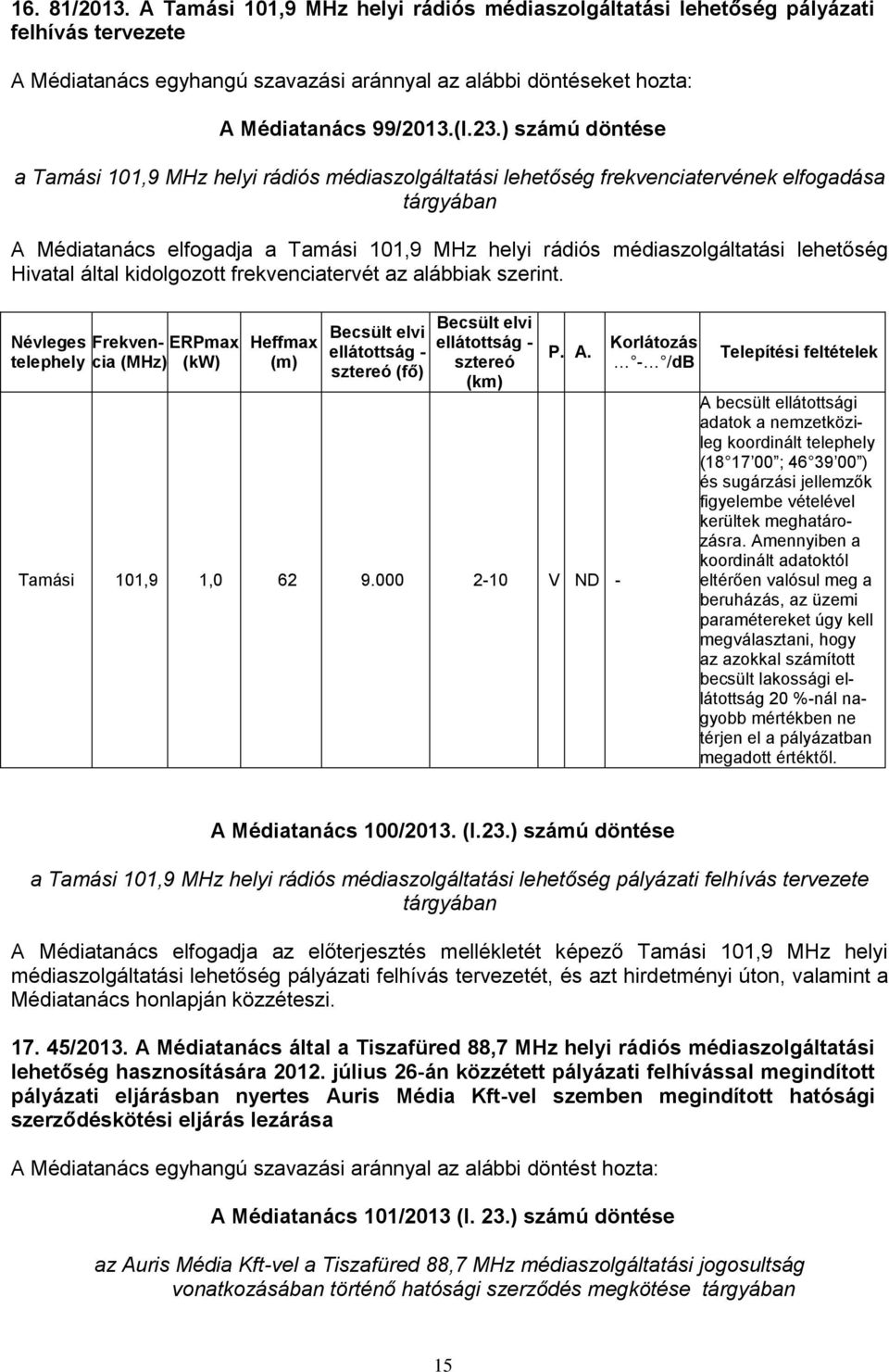 lehetőség Hivatal által kidolgozott frekvenciatervét az alábbiak szerint.