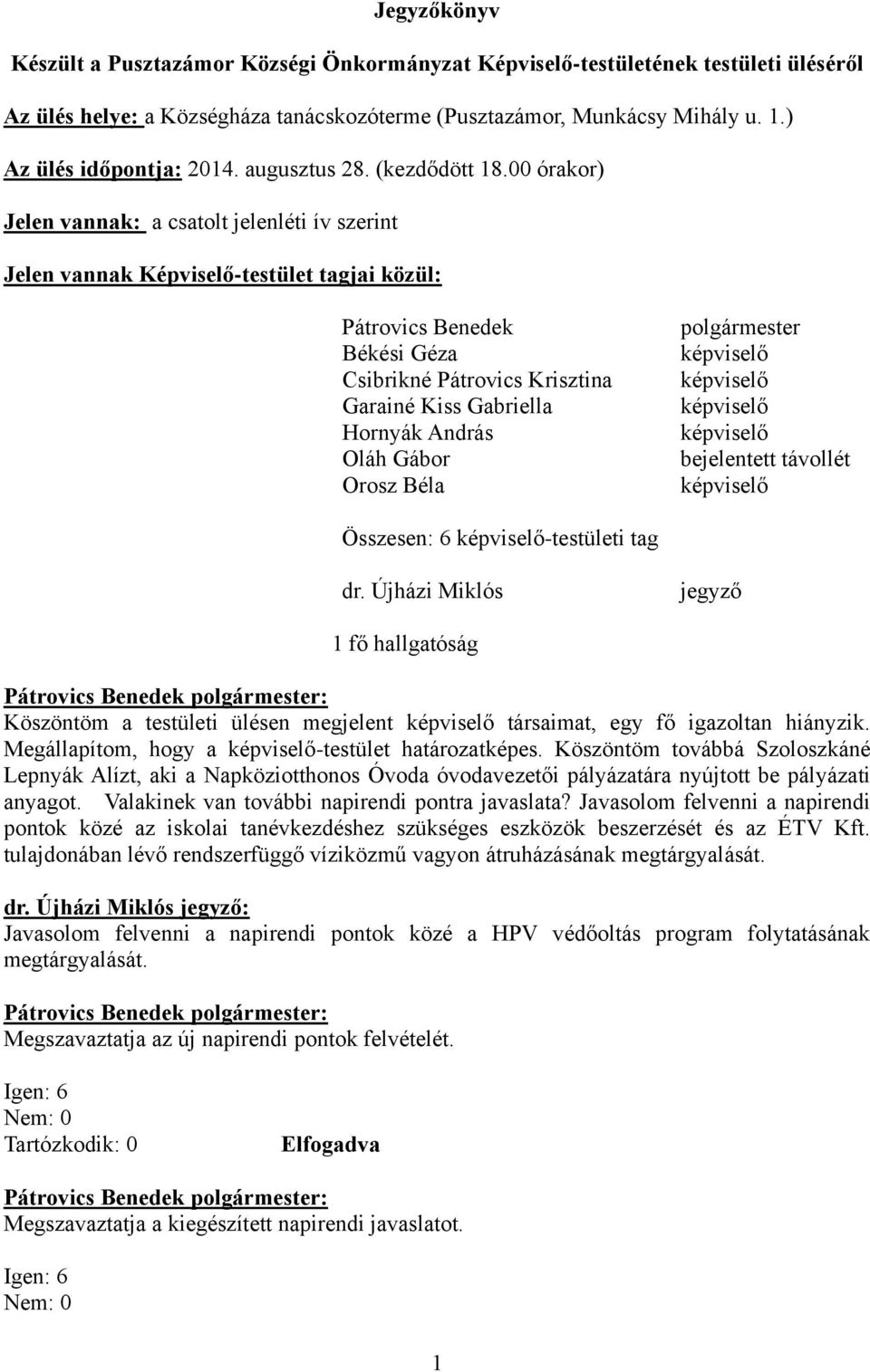 00 órakor) Jelen vannak: a csatolt jelenléti ív szerint Jelen vannak Képviselő-testület tagjai közül: Pátrovics Benedek Békési Géza Csibrikné Pátrovics Krisztina Garainé Kiss Gabriella Hornyák András