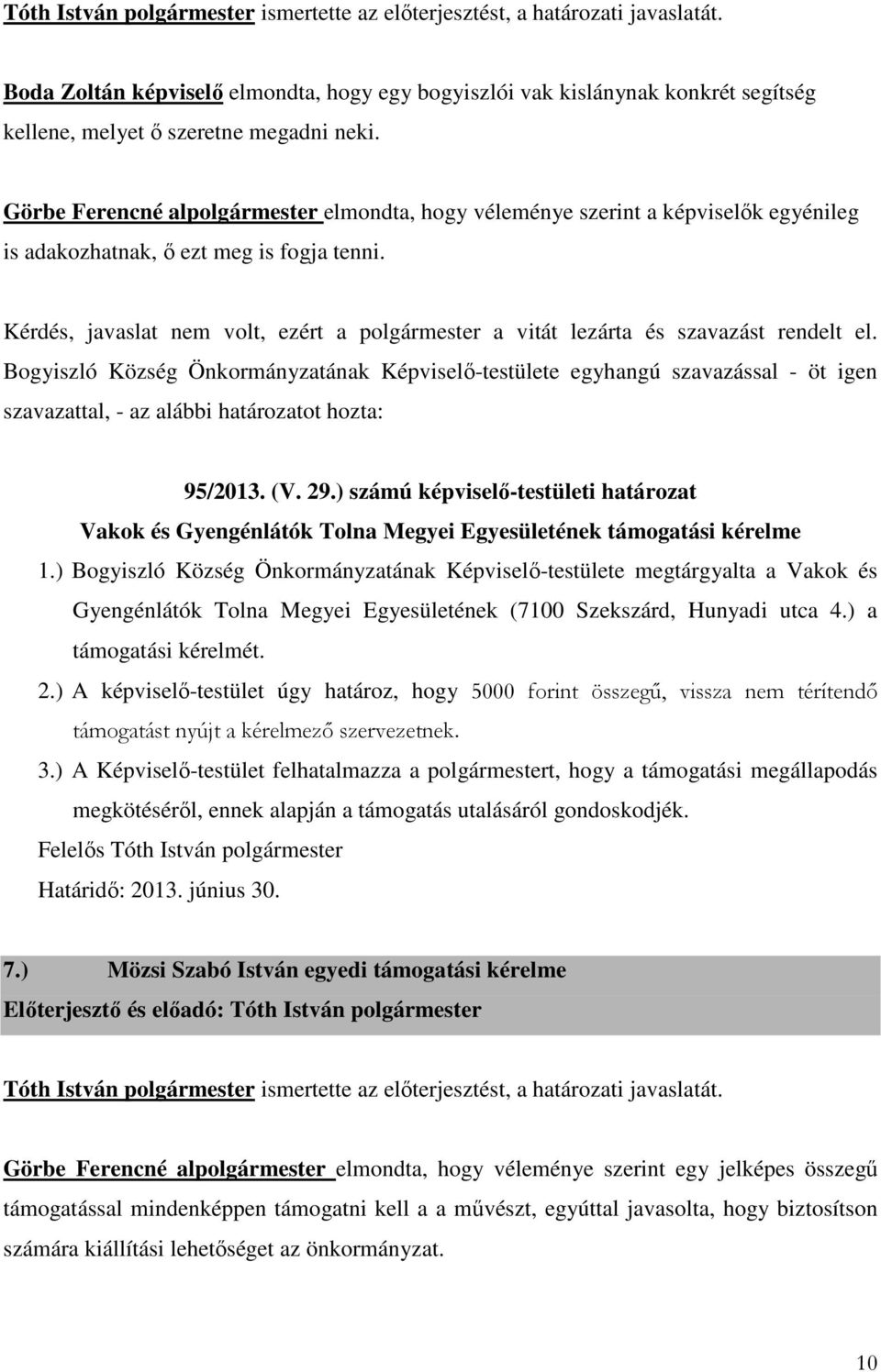 Görbe Ferencné alpolgármester elmondta, hogy véleménye szerint a képviselők egyénileg is adakozhatnak, ő ezt meg is fogja tenni.