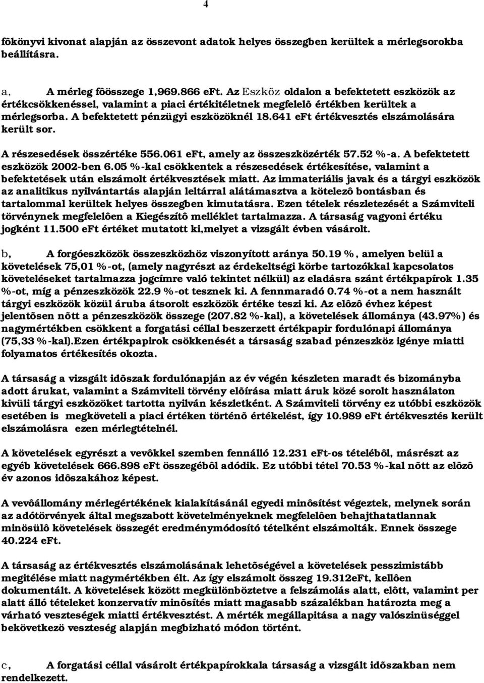 641 eft értékvesztés elszámolására került sor. A részesedések összértéke 556.061 eft, amely az összeszközérték 57.52 %-a. A befektetett eszközök 2002-ben 6.