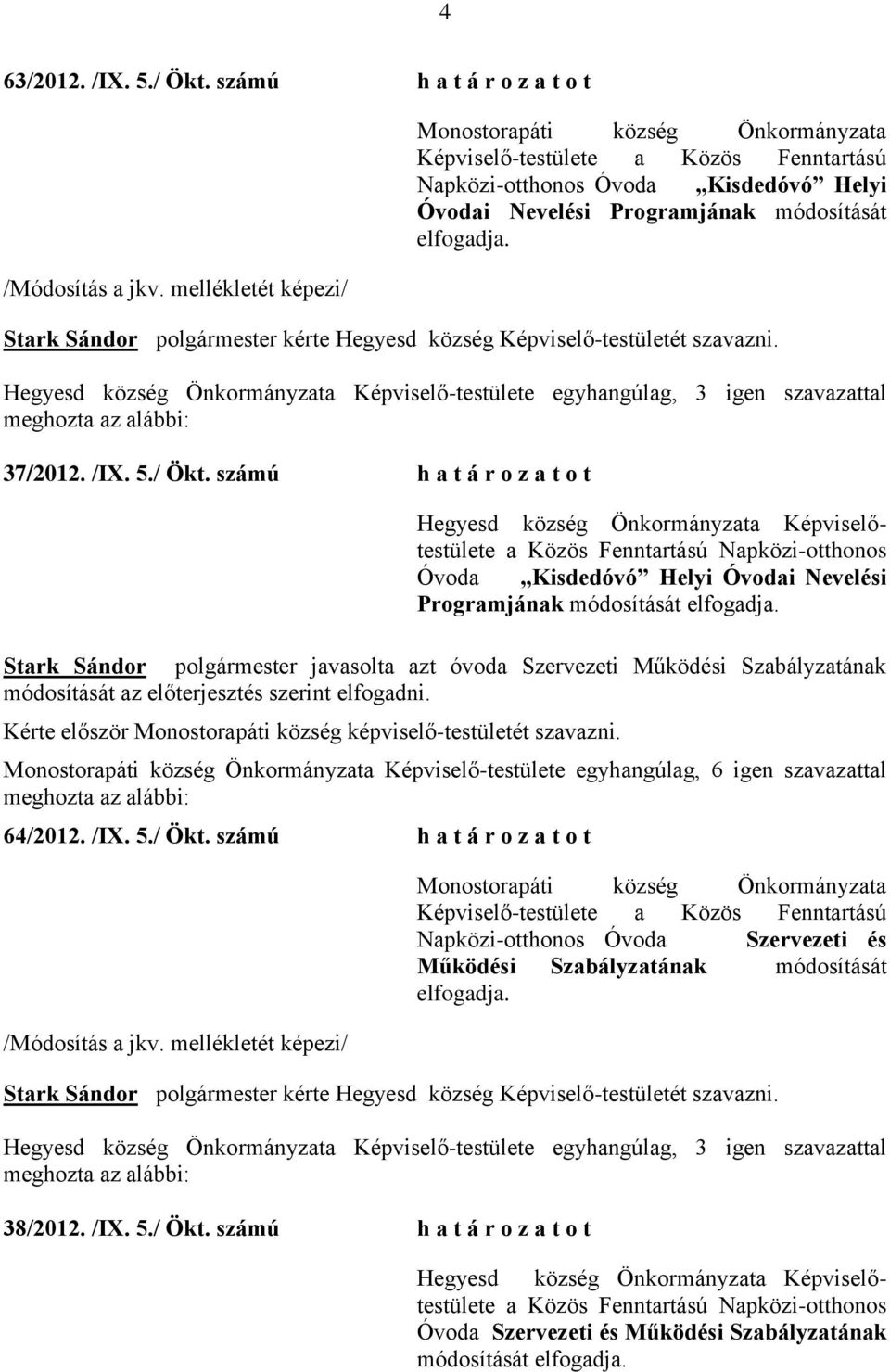 számú h a t á r o z a t o t a Közös Fenntartású Napközi-otthonos Óvoda Kisdedóvó Helyi Óvodai Nevelési Programjának módosítását elfogadja.