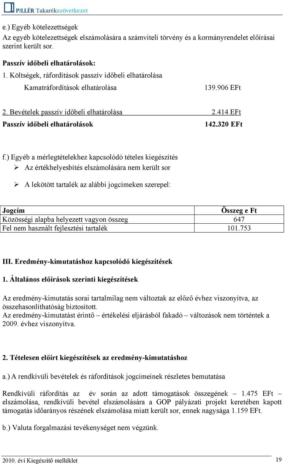 ) Egyéb a mérlegtételekhez kapcsolódó tételes kiegészítés Az értékhelyesbítés elszámolására nem került sor A lekötött tartalék az alábbi jogcímeken szerepel: Jogcím Összeg e Ft Közösségi alapba