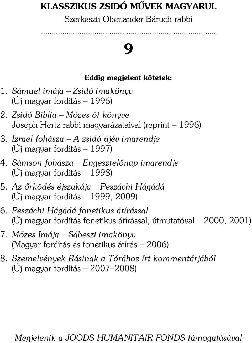 Sámson fohásza Engesztelőnap imarendje (Új magyar fordítás 1998) 5. Az őrködés éjszakája Peszáchi Hágádá (Új magyar fordítás 1999, 2009) 6.