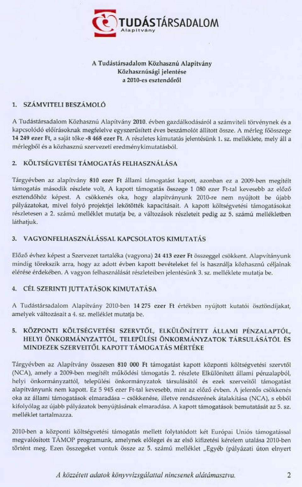 A részletes kimutatás jelentésünk 1. sz. melléklete, mely áll a mérlegbol és a közhasznú szervezeti eredménykimutatásból. 2.