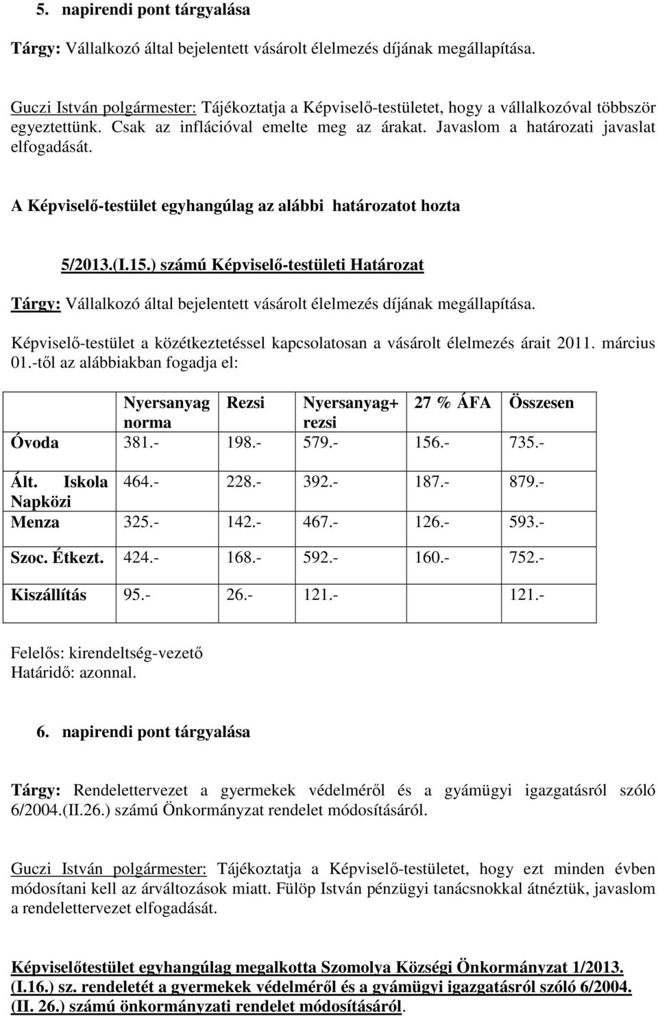 A Képviselő-testület egyhangúlag az alábbi határozatot hozta 5/2013.(I.15.) számú Képviselő-testületi Határozat Tárgy: Vállalkozó által bejelentett vásárolt élelmezés díjának megállapítása.