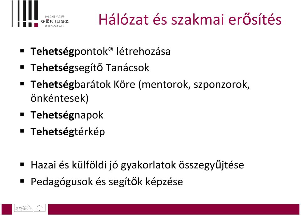 szponzorok, önkéntesek) Tehetségnapok Tehetségtérkép Hazai