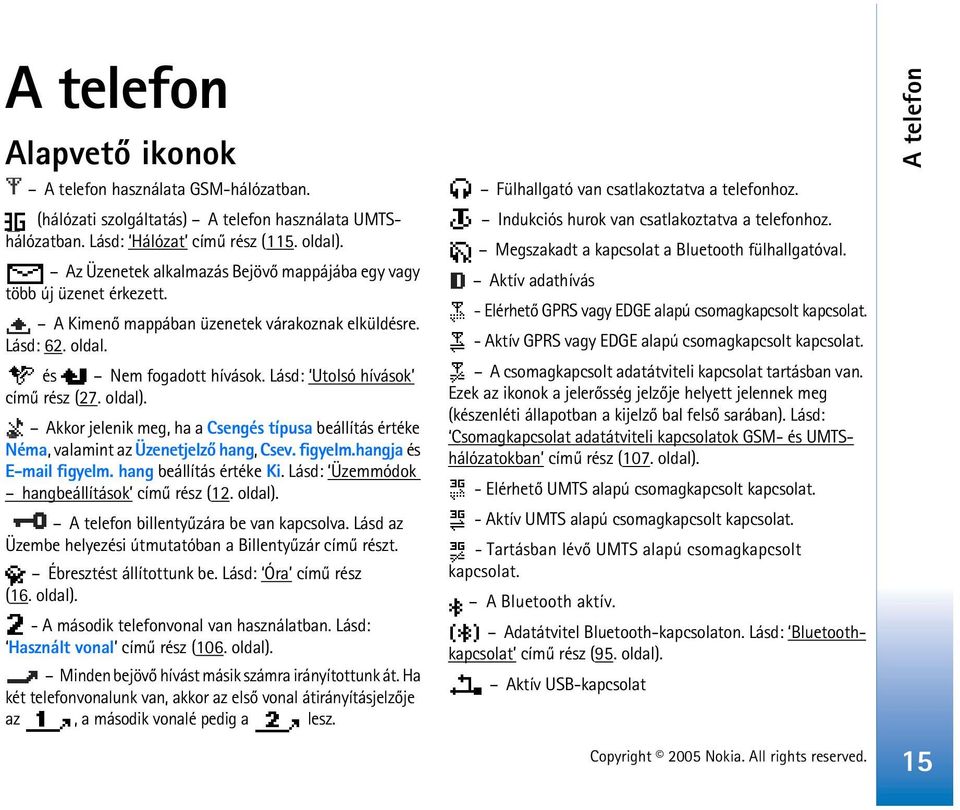 Lásd: Utolsó hívások címû rész (27. oldal). Akkor jelenik meg, ha a Csengés típusa beállítás értéke Néma, valamint az Üzenetjelzõ hang, Csev. figyelm.hangja és E-mail figyelm.