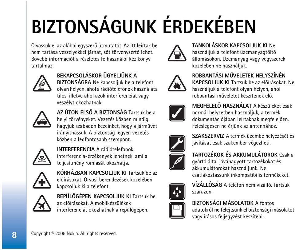 BEKAPCSOLÁSKOR ÜGYELJÜNK A BIZTONSÁGRA Ne kapcsoljuk be a telefont olyan helyen, ahol a rádiótelefonok használata tilos, illetve ahol azok interferenciát vagy veszélyt okozhatnak.