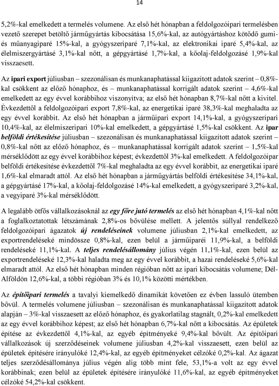 elektronikai iparé 5,4%-kal, az élelmiszergyártásé 3,1%-kal nőtt, a gépgyártásé 1,7%-kal, a kőolaj-feldolgozásé 1,9%-kal visszaesett.