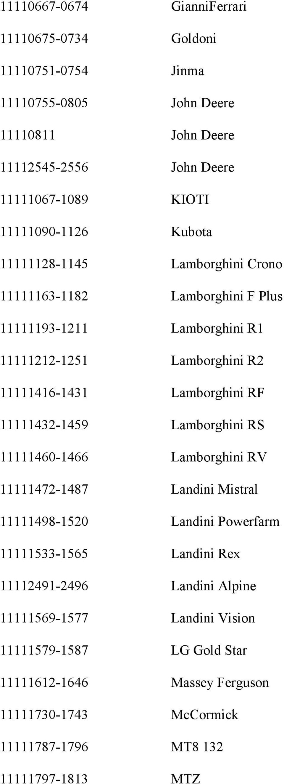 Lamborghini RF 11111432-1459 Lamborghini RS 11111460-1466 Lamborghini RV 11111472-1487 Landini Mistral 11111498-1520 Landini Powerfarm 11111533-1565 Landini Rex