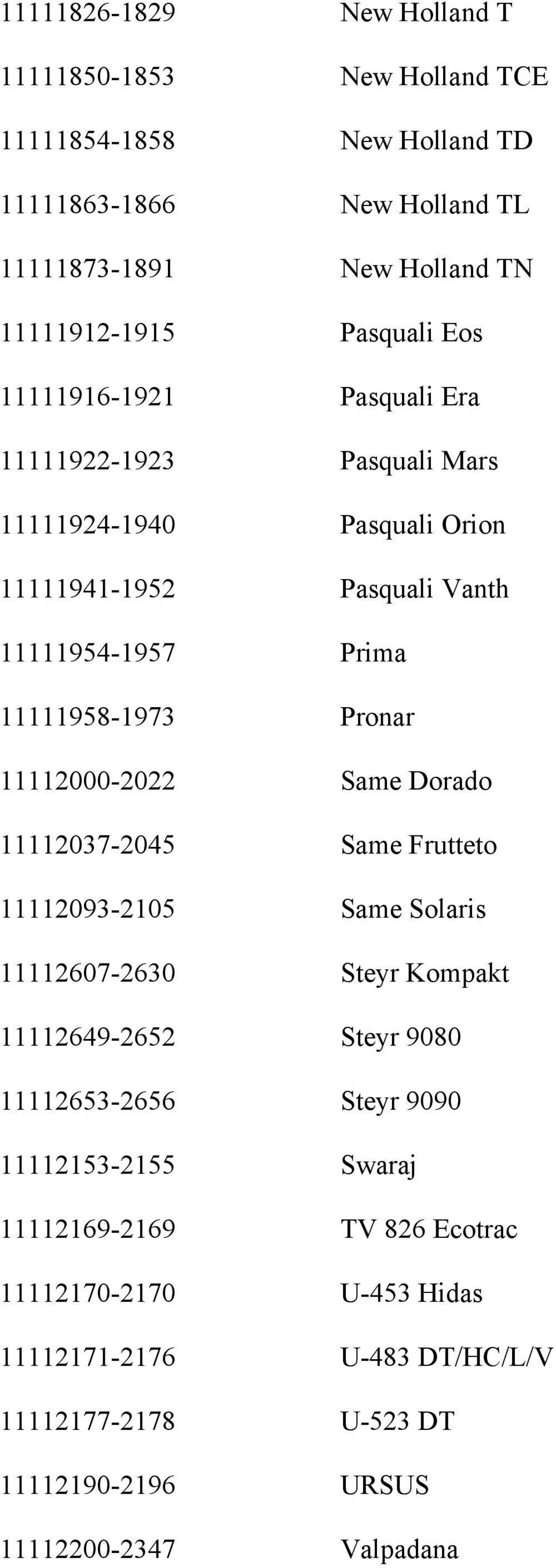 Pronar 11112000-2022 Same Dorado 11112037-2045 Same Frutteto 11112093-2105 Same Solaris 11112607-2630 Steyr Kompakt 11112649-2652 Steyr 9080 11112653-2656 Steyr