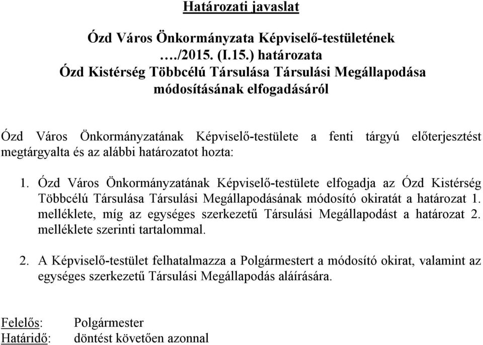 ) határozata Ózd Kistérség Többcélú Társulása Társulási Megállapodása módosításának elfogadásáról Ózd Város Önkormányzatának Képviselő-testülete a fenti tárgyú előterjesztést megtárgyalta