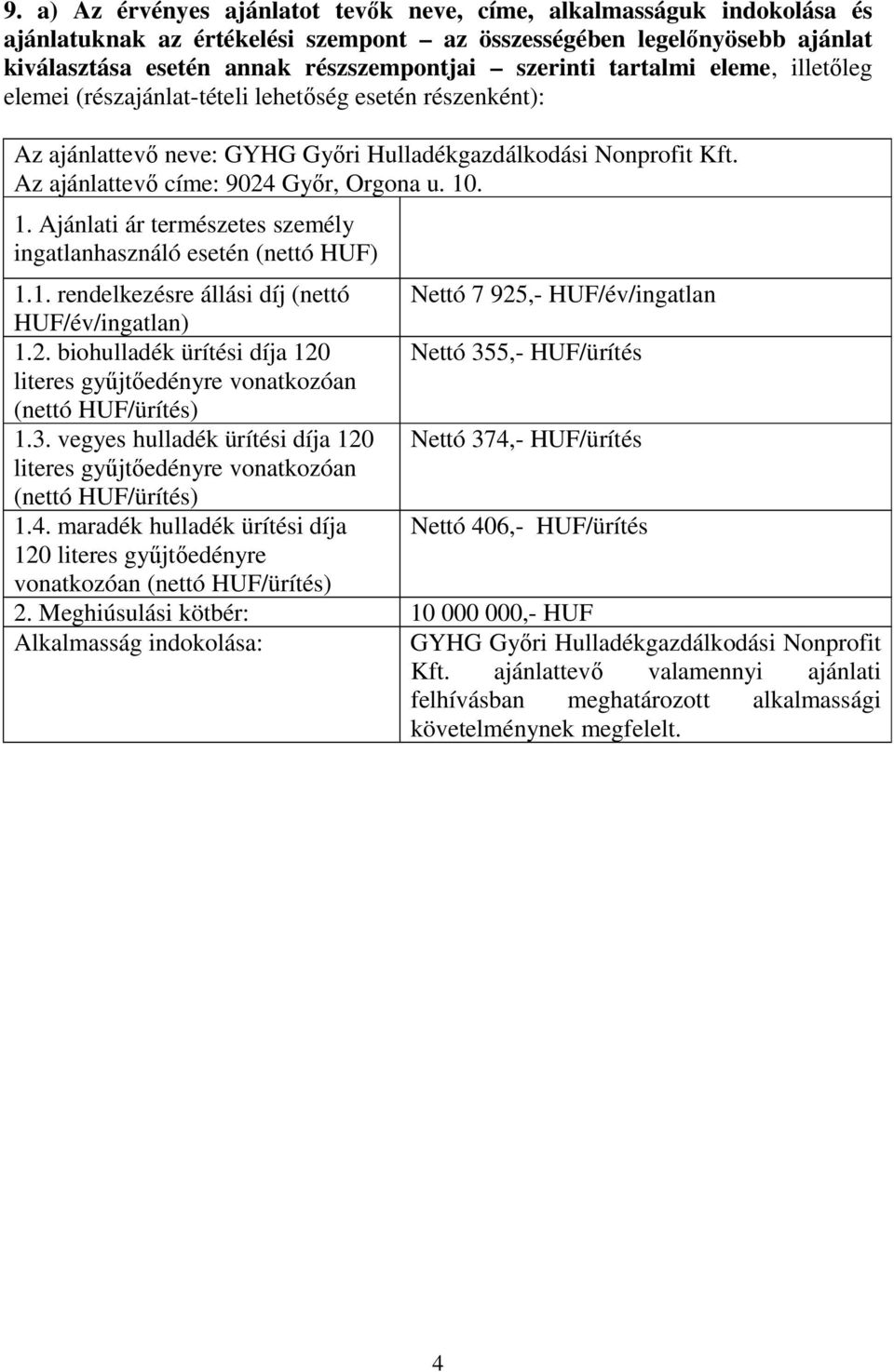 . 1. Ajánlati ár természetes személy ingatlanhasználó esetén (nettó HUF) 1.1. rendelkezésre állási díj (nettó Nettó 7 925