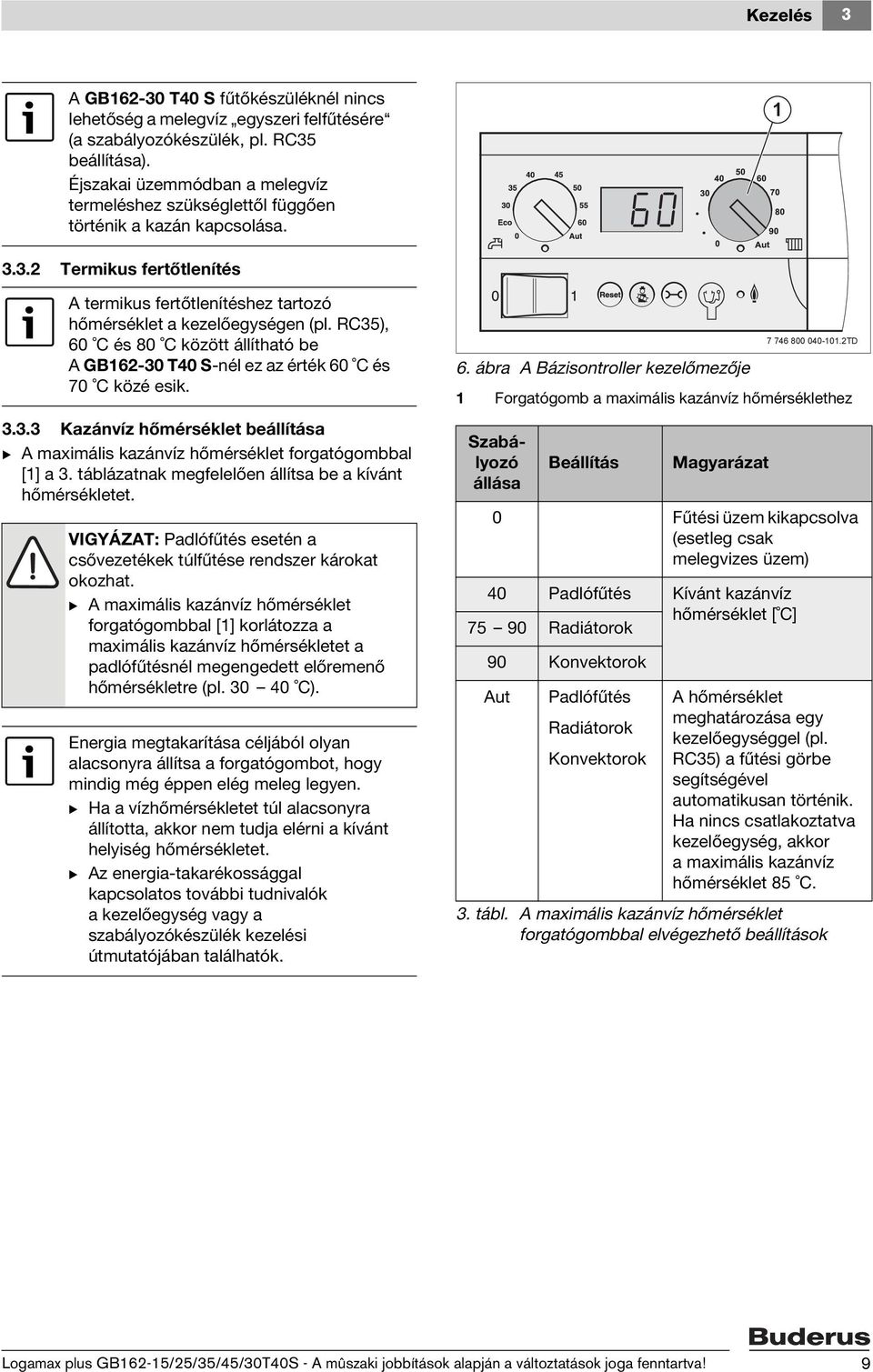 RC35), 60 C és 80 C között állítható be A GB162-30 T40 S-nél ez az érték 60 C és 70 C közé esik. 3.3.3 Kazánvíz hőmérséklet beállítása B A maximális kazánvíz hőmérséklet forgatógombbal [1] a 3.