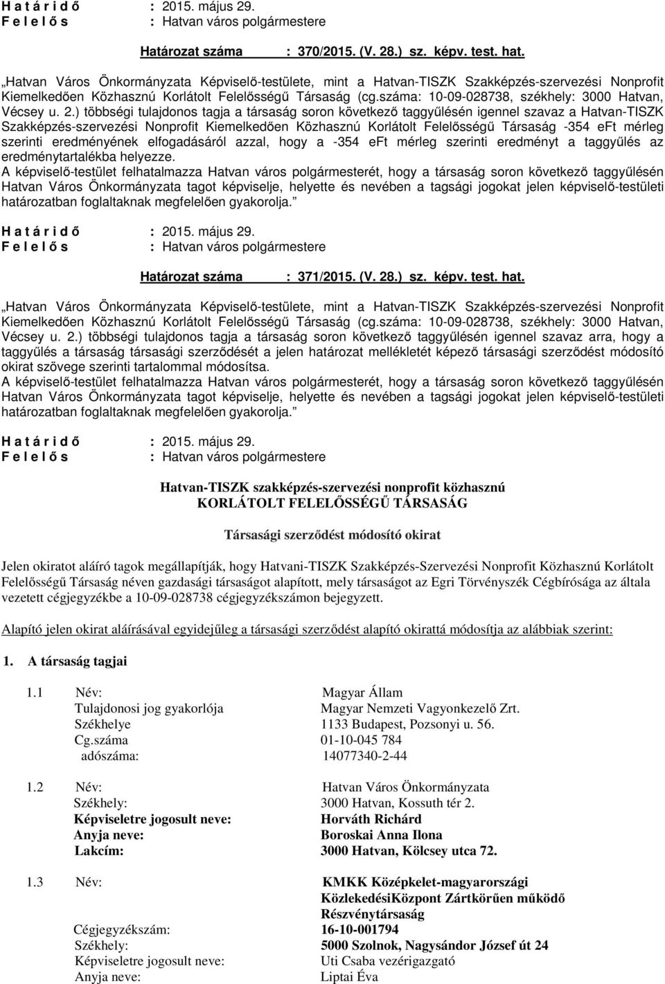 száma: 10-09-028738, székhely: 3000 Hatvan, Vécsey u. 2.