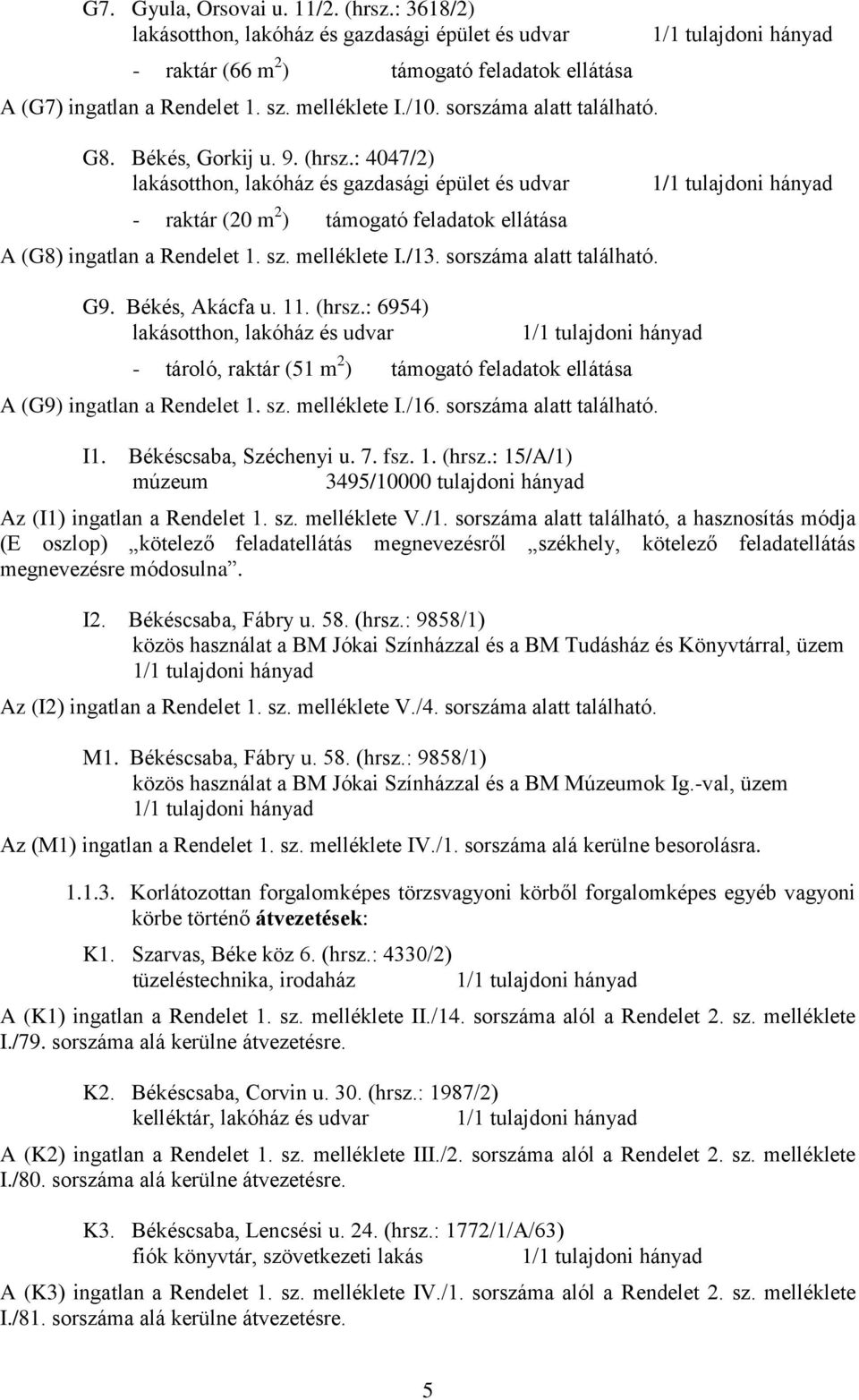 melléklete I./13. sorszáma alatt található. G9. Békés, Akácfa u. 11. (hrsz.: 6954) lakásotthon, lakóház és udvar - tároló, raktár (51 m 2 ) támogató feladatok ellátása A (G9) ingatlan a Rendelet 1.