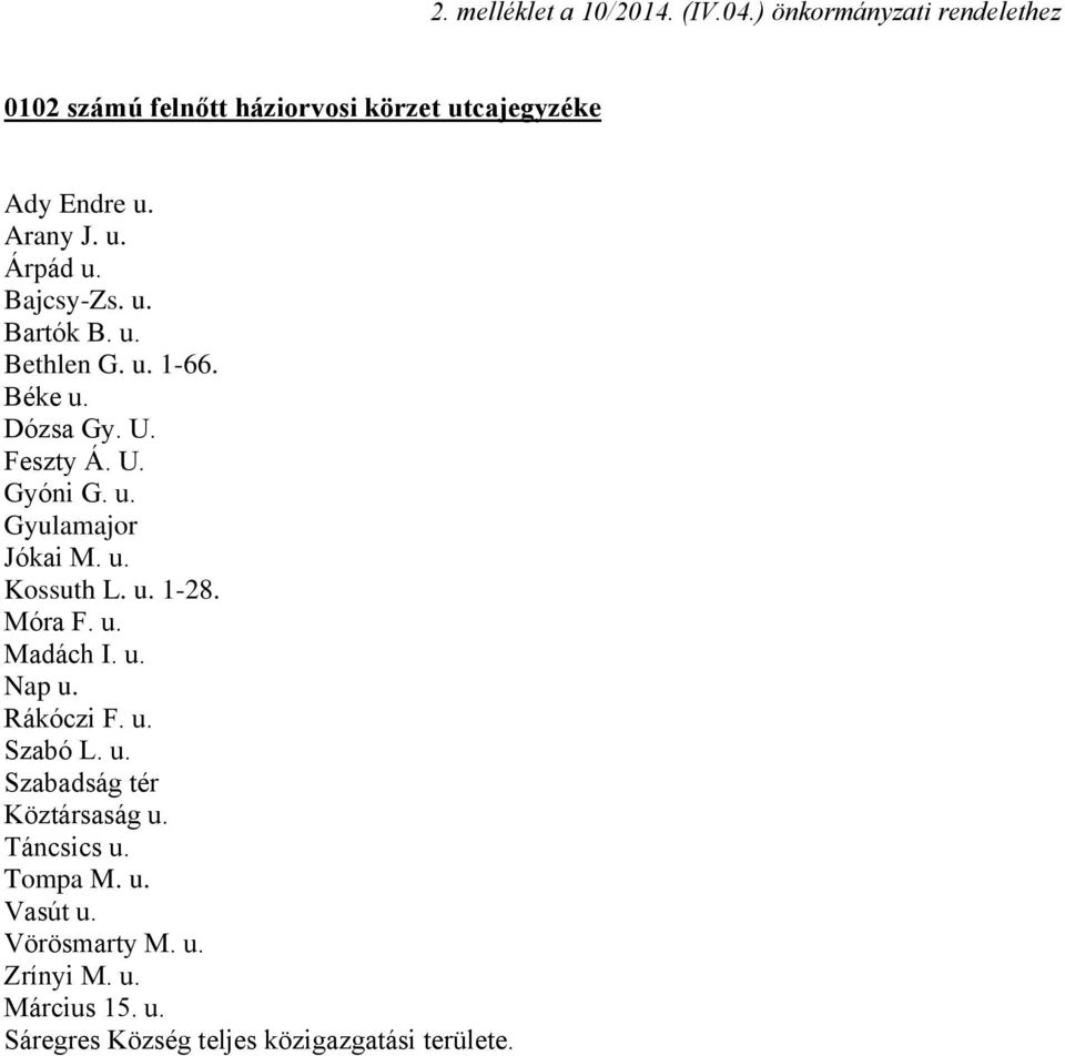 u. Kossuth L. u. 1-28. Móra F. u. Madách I. u. Nap u. Rákóczi F. u. Szabó L. u. Szabadság tér Köztársaság u. Táncsics u.