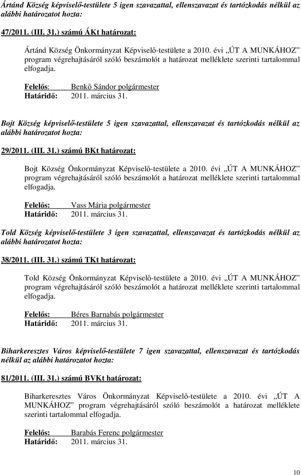 Benkő Sándor polgármester Bojt Község képviselő-testülete 5 igen szavazattal, ellenszavazat és tartózkodás nélkül az 29/2011. (III. 31.