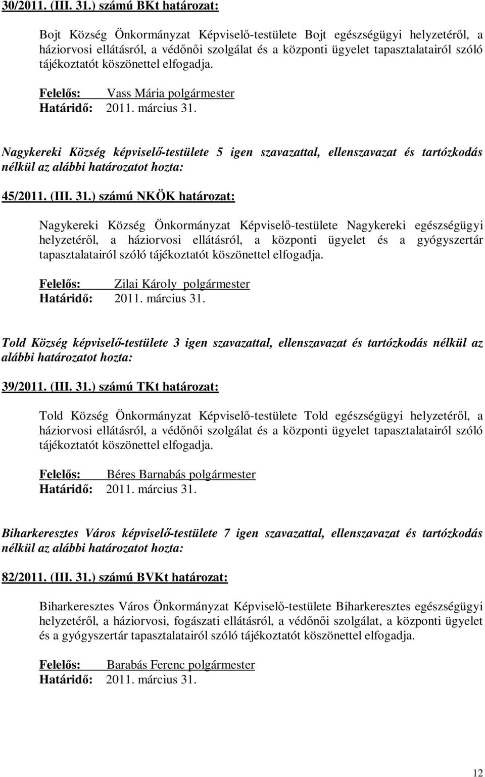 tájékoztatót köszönettel elfogadja. Vass Mária polgármester Nagykereki Község képviselő-testülete 5 igen szavazattal, ellenszavazat és tartózkodás nélkül az 45/2011. (III. 31.