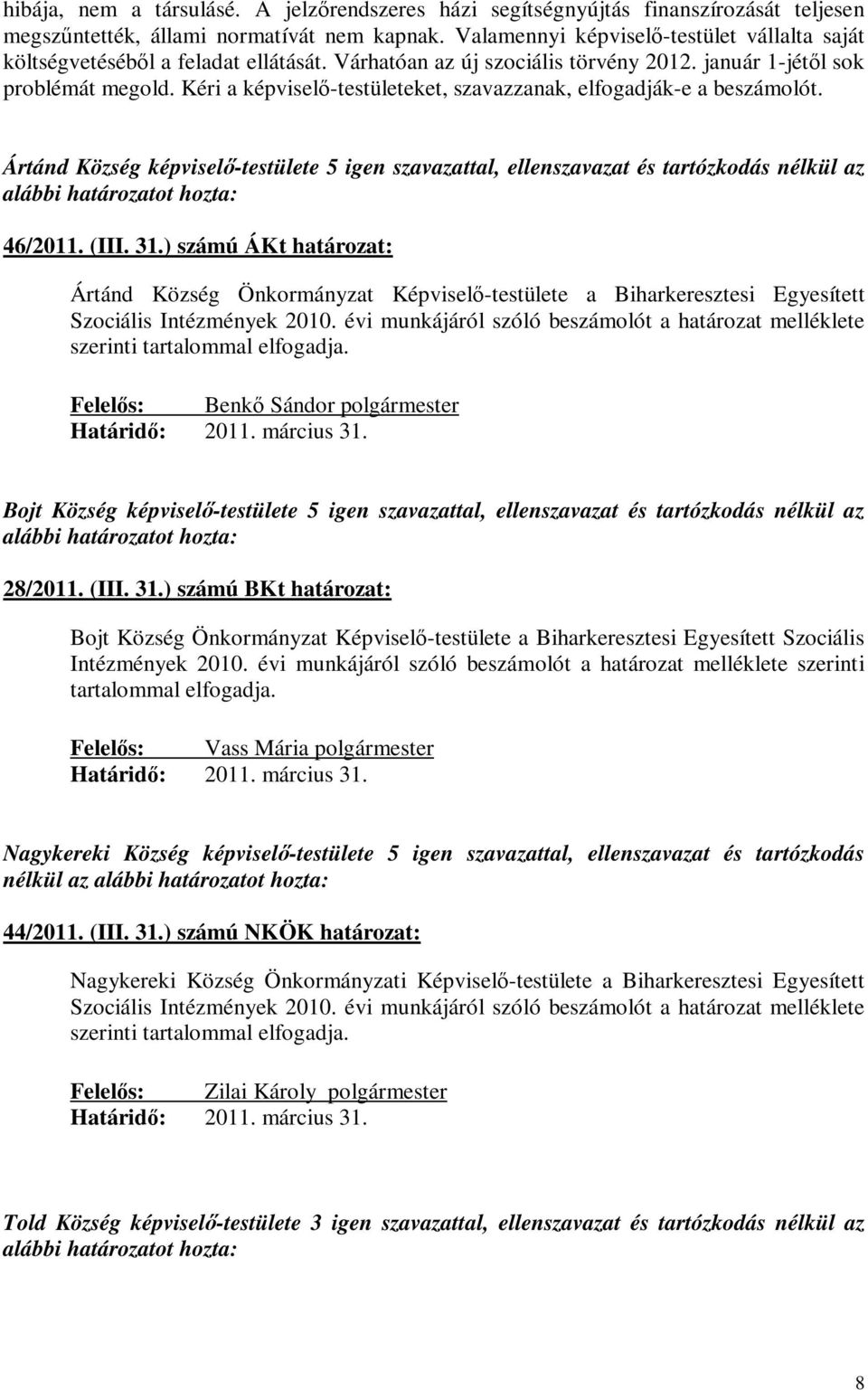 Kéri a képviselő-testületeket, szavazzanak, elfogadják-e a beszámolót. Ártánd Község képviselő-testülete 5 igen szavazattal, ellenszavazat és tartózkodás nélkül az 46/2011. (III. 31.