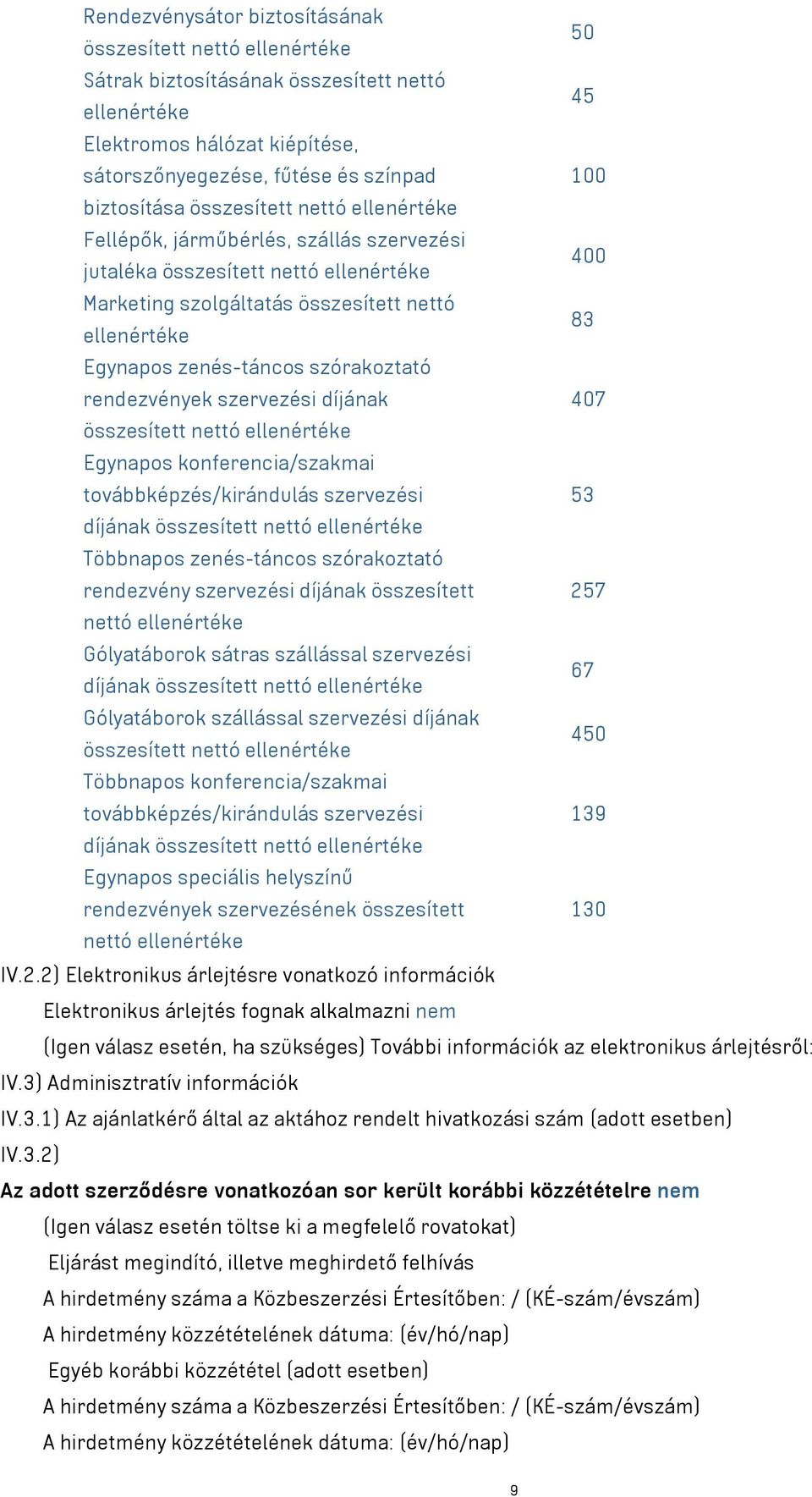 zenés-táncos szórakoztató rendezvények szervezési díjának 407 összesített nettó ellenértéke Egynapos konferencia/szakmai továbbképzés/kirándulás szervezési 53 díjának összesített nettó ellenértéke