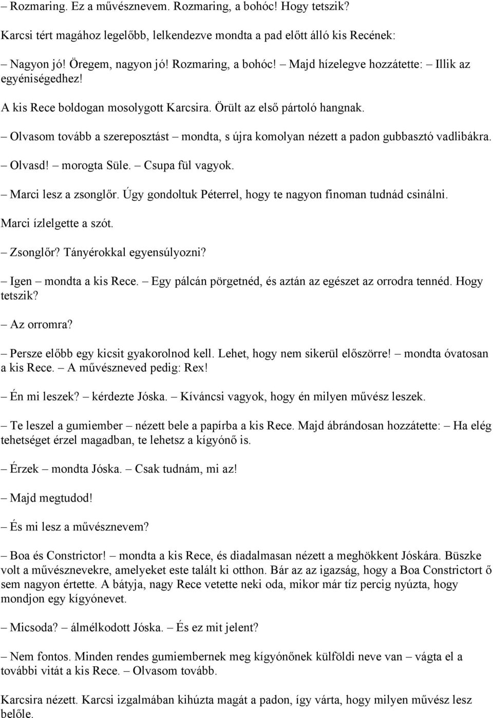 Csupa fül vagyok. Marci lesz a zsonglőr. Úgy gondoltuk Péterrel, hogy te nagyon finoman tudnád csinálni. Marci ízlelgette a szót. Zsonglőr? Tányérokkal egyensúlyozni? Igen mondta a kis Rece.