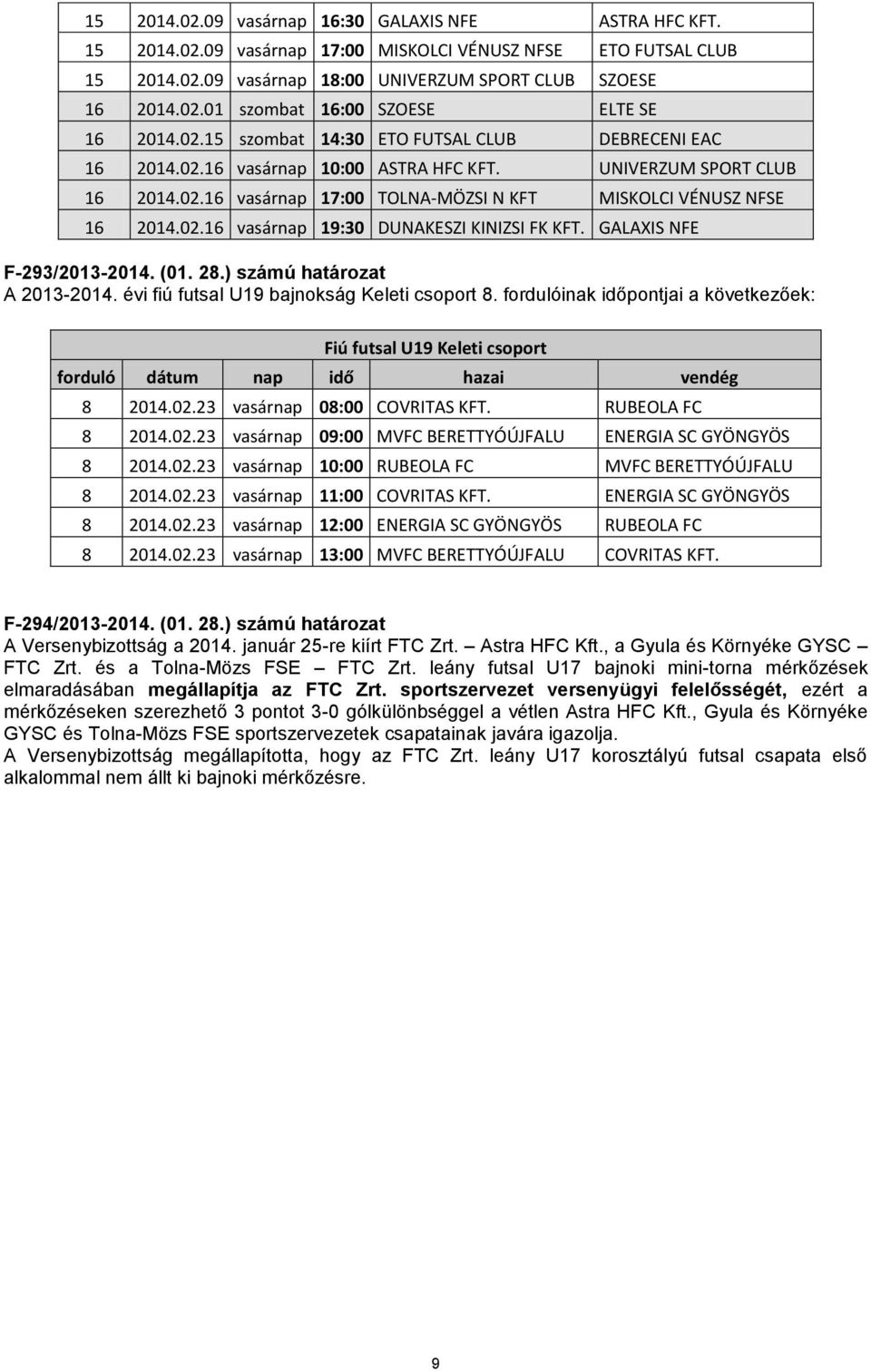 GALAXIS NFE F-293/2013-2014. (01. 28.) számú határozat A 2013-2014. évi fiú futsal U19 bajnokság Keleti csoport 8. fordulóinak időpontjai a következőek: Fiú futsal U19 Keleti csoport 8 2014.02.