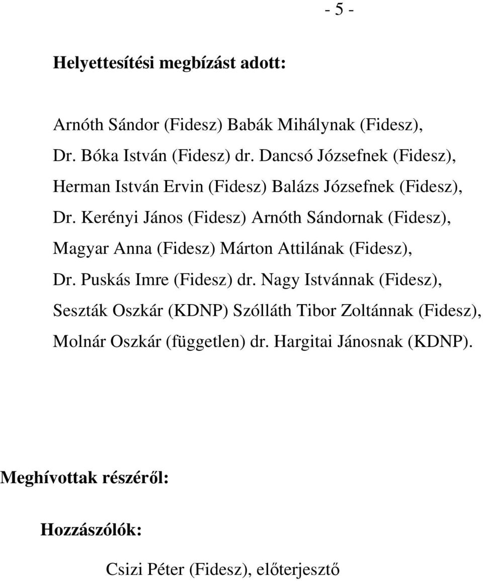 Kerényi János (Fidesz) Arnóth Sándornak (Fidesz), Magyar Anna (Fidesz) Márton Attilának (Fidesz), Dr. Puskás Imre (Fidesz) dr.