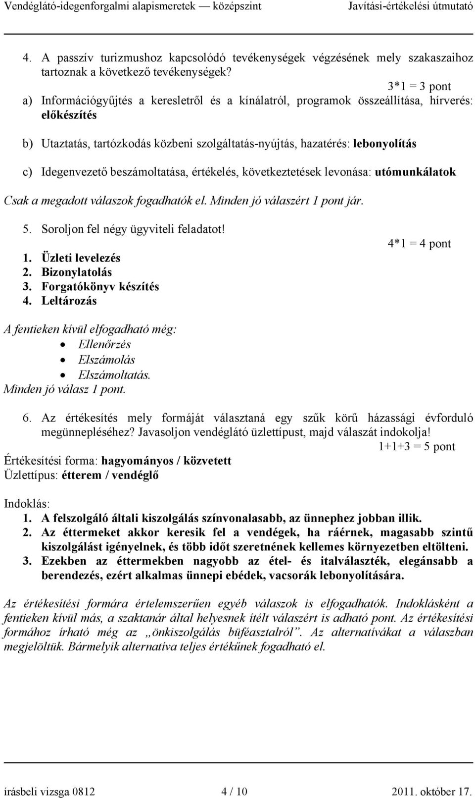 Idegenvezető beszámoltatása, értékelés, következtetések levonása: utómunkálatok Csak a megadott válaszok fogadhatók el. Minden jó válaszért 1 pont jár. 5. Soroljon fel négy ügyviteli feladatot! 1. Üzleti levelezés 2.