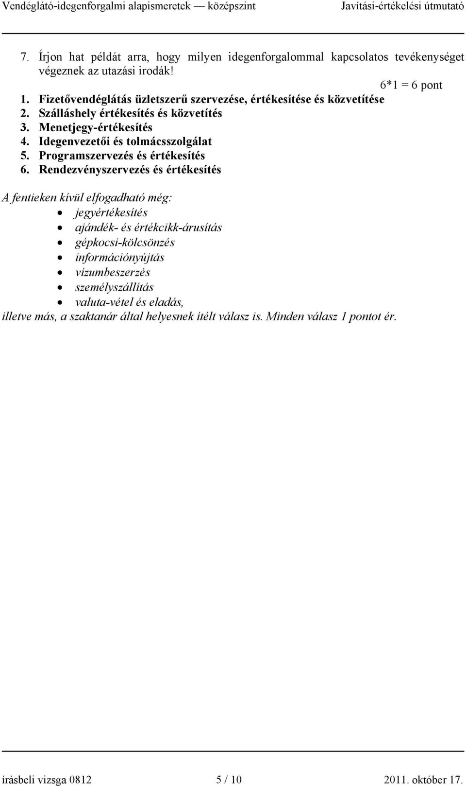 Idegenvezetői és tolmácsszolgálat 5. Programszervezés és értékesítés 6.