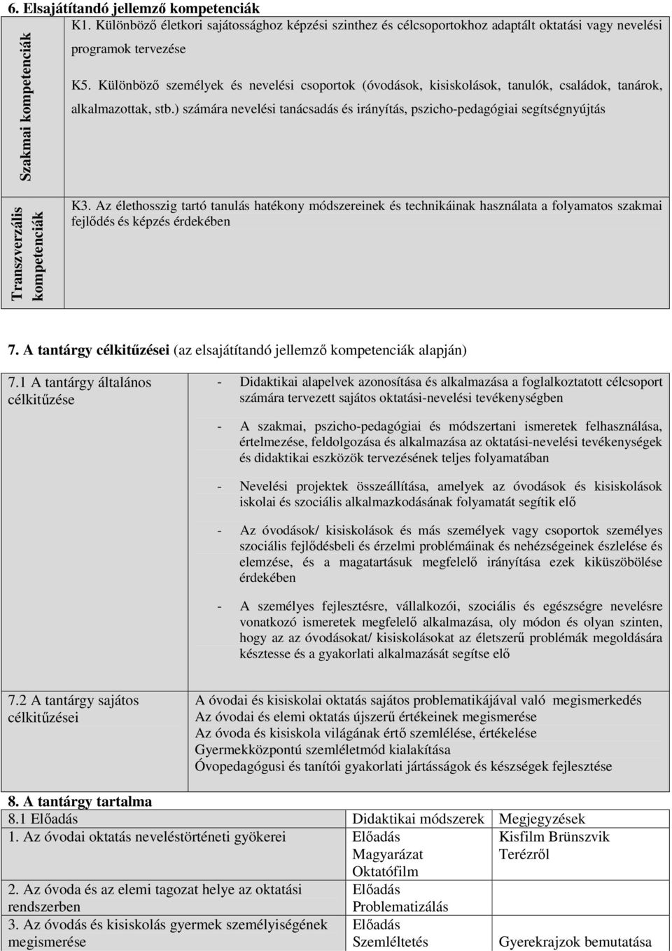 ) számára nevelési tanácsadás és irányítás, pszicho-pedagógiai segítségnyújtás Transzverzális kompetenciák K3.