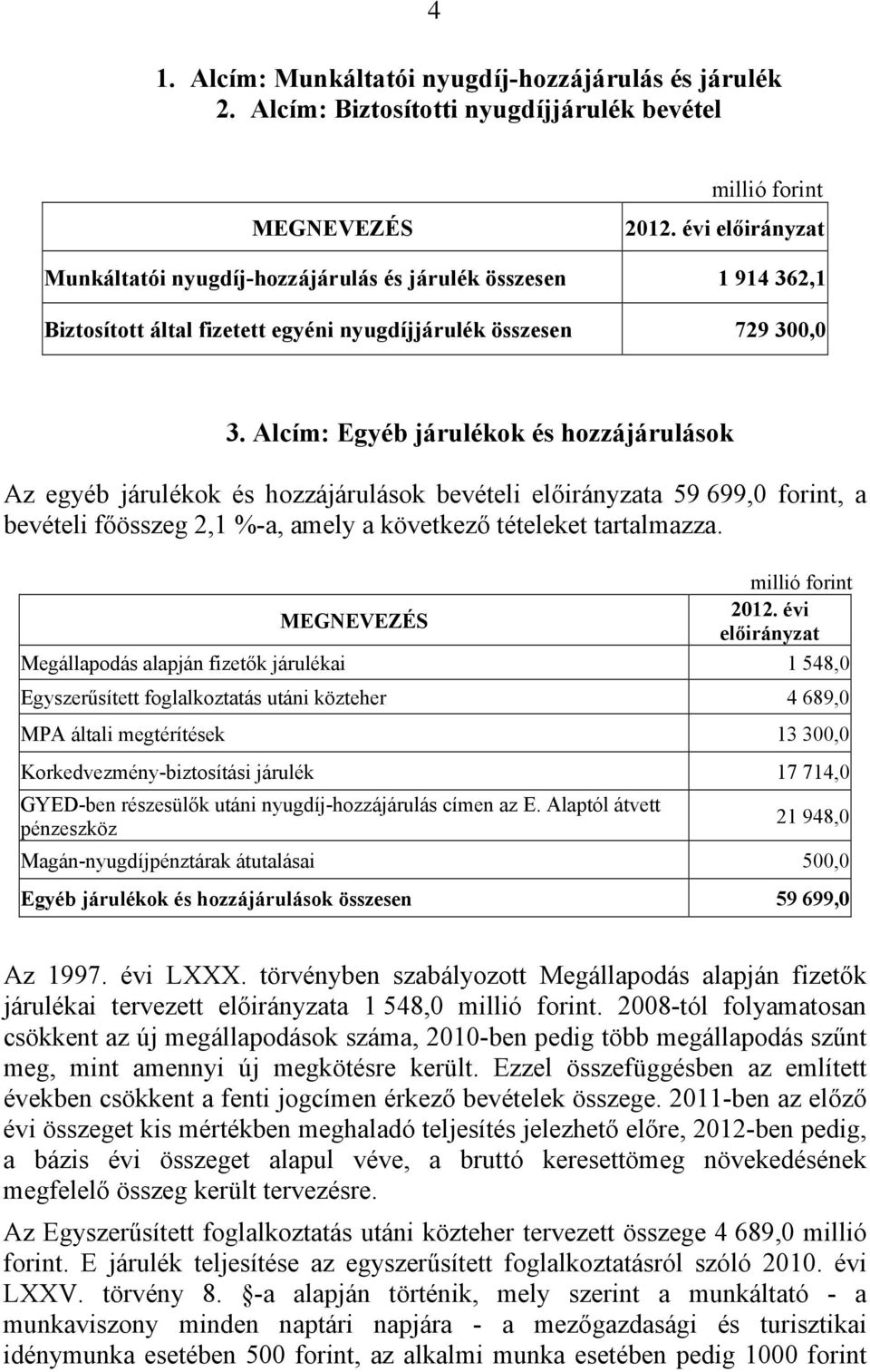 Alcím: Egyéb járulékok és hozzájárulások Az egyéb járulékok és hozzájárulások bevételi előirányzata 59 699,0 forint, a bevételi főösszeg 2,1 %-a, amely a következő tételeket tartalmazza.