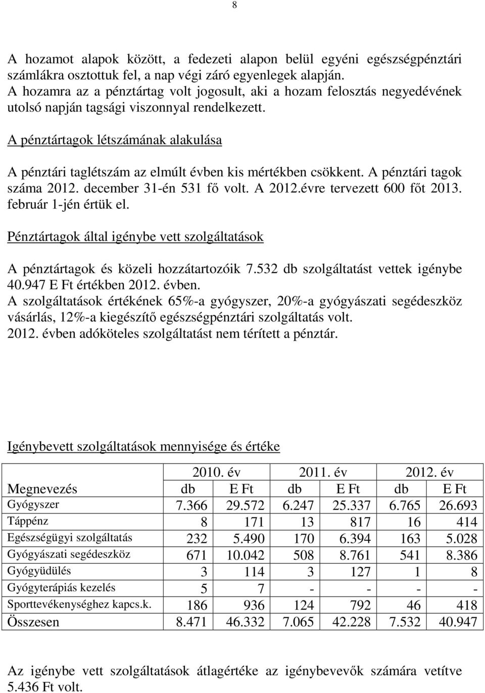 A pénztártagok létszámának alakulása A pénztári taglétszám az elmúlt évben kis mértékben csökkent. A pénztári tagok száma 2012. december 31-én 531 fő volt. A 2012.évre tervezett 600 főt 2013.