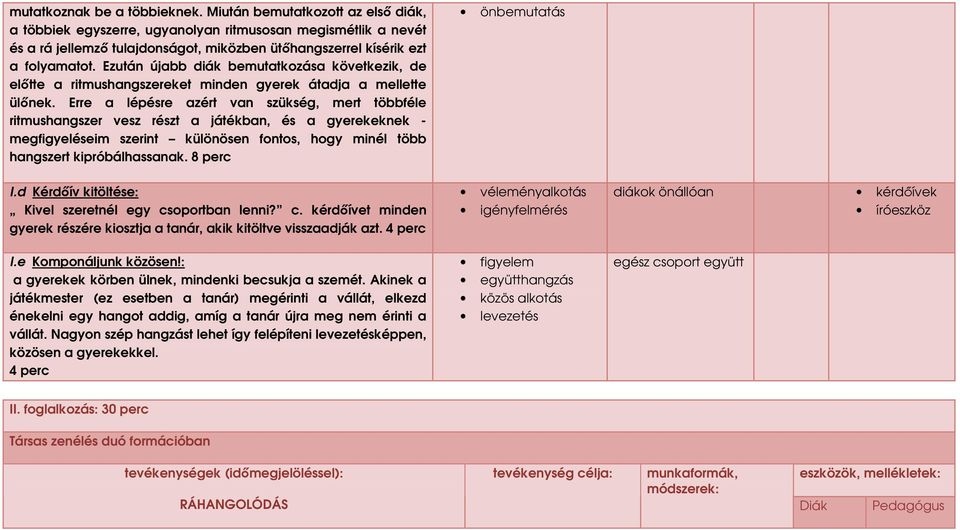 Ezután újabb diák bemutatkozása következik, de elıtte a ritmushangszereket minden gyerek átadja a mellette ülınek.
