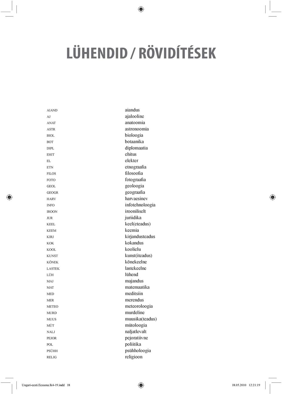 KUNST kunst(iteadus) KÕNEK kõnekeelne LASTEK lastekeelne LÜH lühend MAJ majandus MAT matemaatika MED meditsiin MER merendus METEO meteoroloogia MURD murdeline MUUS muusika(teadus) MÜT