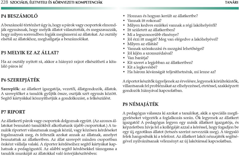 Ha az osztály nyitott rá, akkor a hiányzó rajzot elkészítheti a kitaláló páros is! P6 Szerepjáték Szereplők: az állatkert igazgatója, vezetői, állatgondozók, állatok.