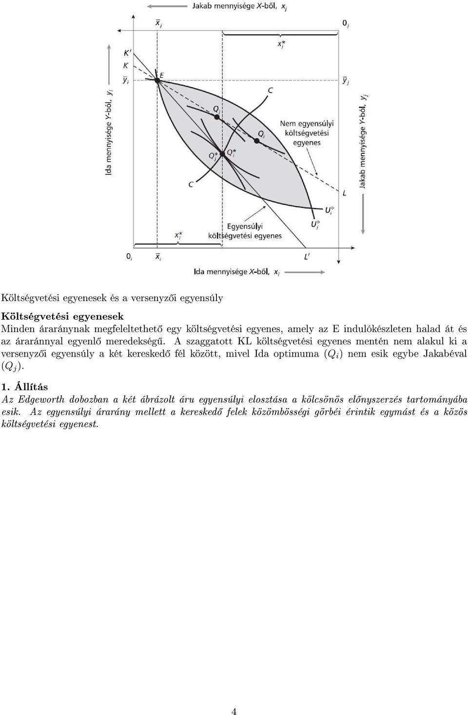 A szaggatott KL költségvetési egyenes mentén nem alakul ki a versenyz i egyensúly a két keresked fél között, mivel Ida optimuma (Q i ) nem esik egybe