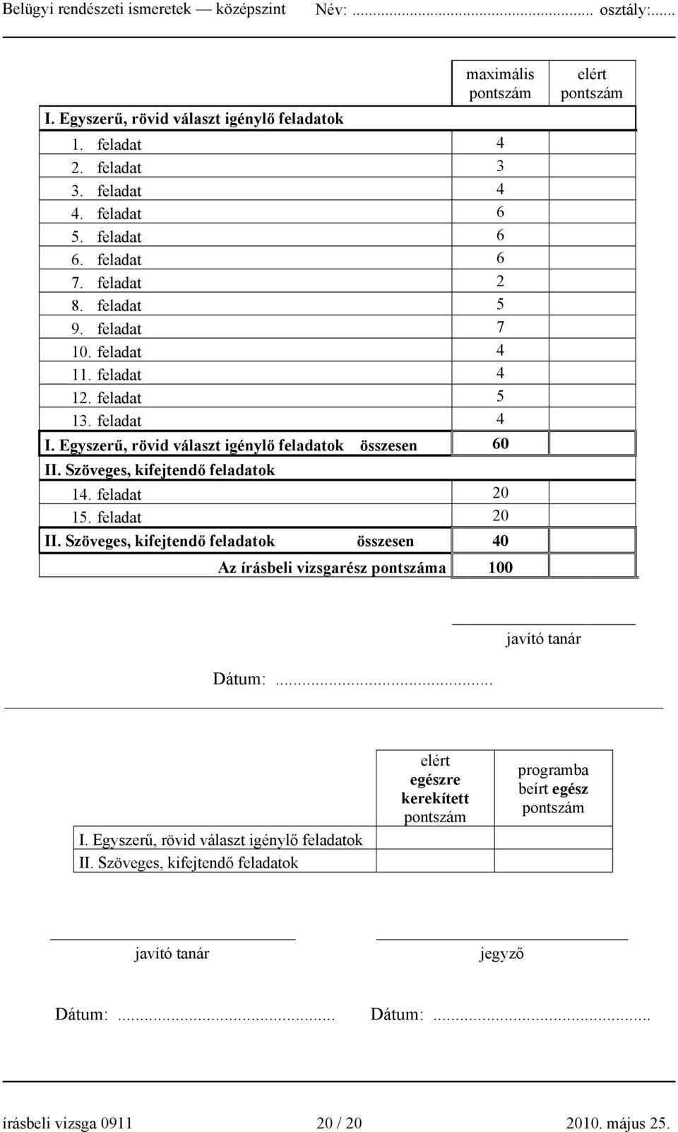 feladat 20 II. Szöveges, kifejtendő feladatok összesen 40 Az írásbeli vizsgarész pontszáma 100 elért pontszám javító tanár Dátum:... I. Egyszerű, rövid választ igénylő feladatok II.