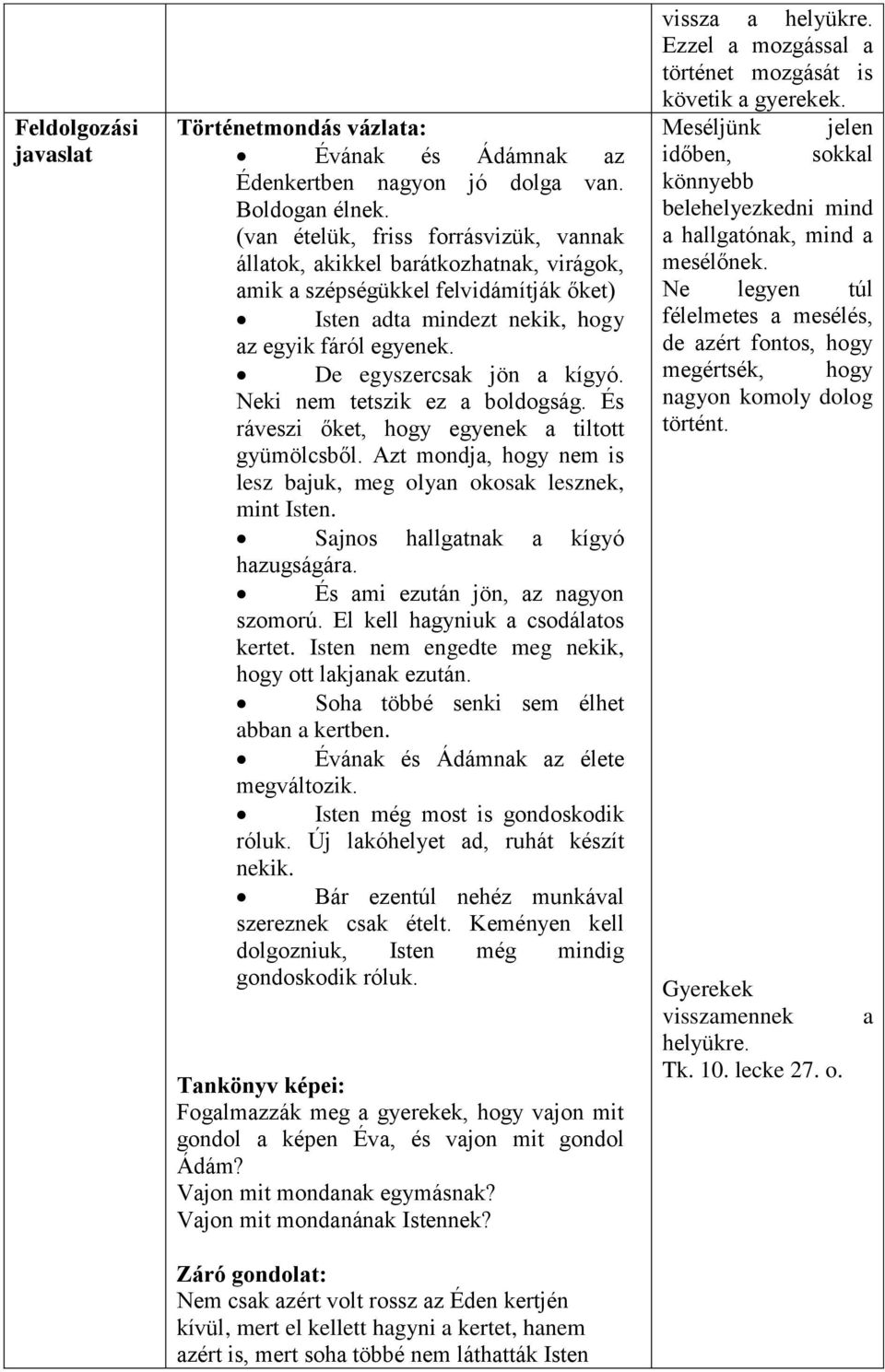 De egyszercsak jön a kígyó. Neki nem tetszik ez a boldogság. És ráveszi őket, hogy egyenek a tiltott gyümölcsből. Azt mondja, hogy nem is lesz bajuk, meg olyan okosak lesznek, mint Isten.