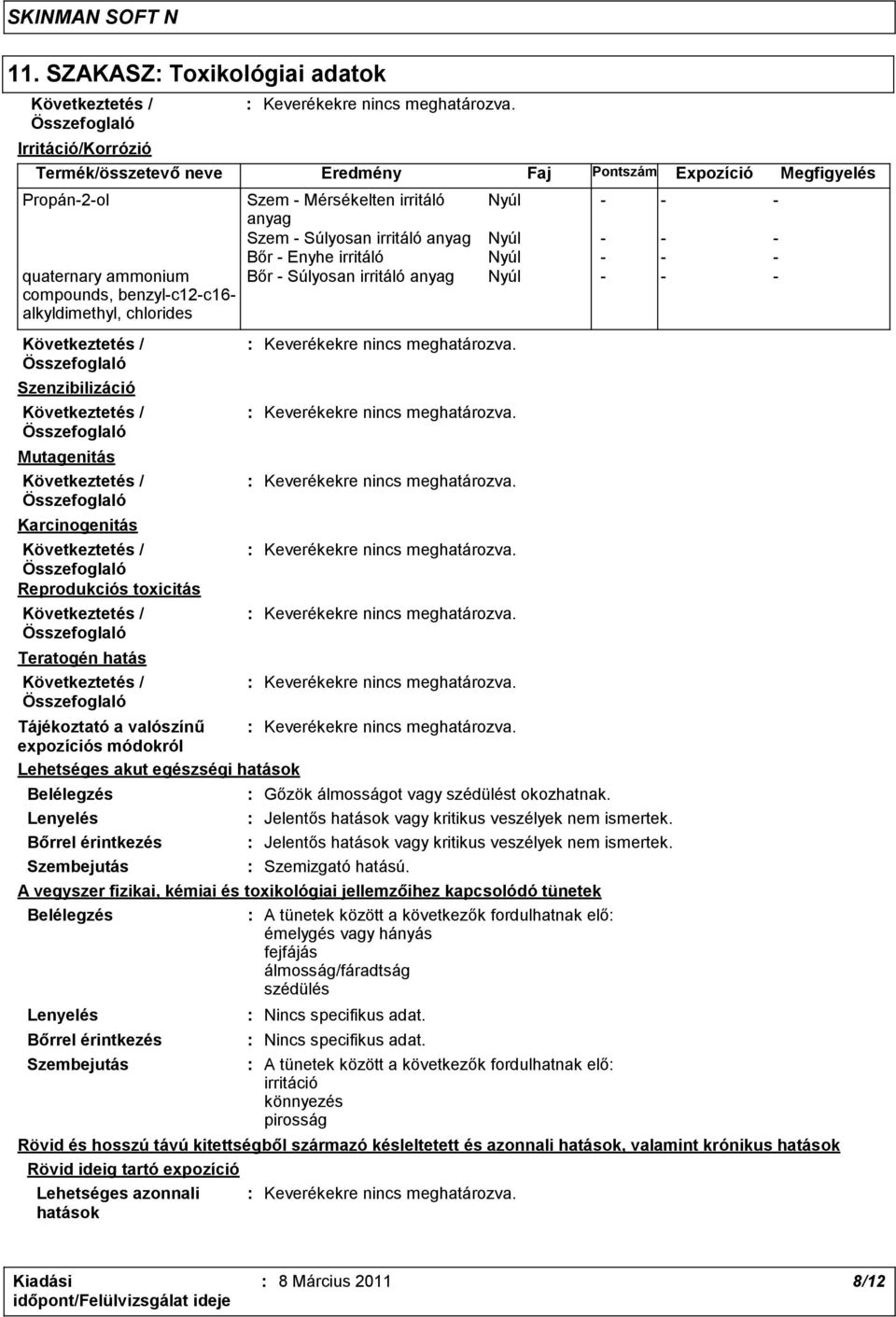 Nyúl - - - Bőr - Súlyosan irritáló anyag Nyúl - - - Tájékoztató a valószínű expozíciós módokról Lehetséges akut egészségi hatások Belélegzés Lenyelés Bőrrel érintkezés Szembejutás : Gőzök álmosságot