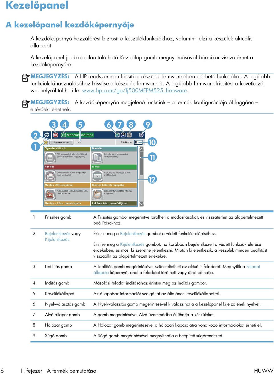 A legújabb funkciók kihasználásához frissítse a készülék firmware-ét. A legújabb firmware-frissítést a következő webhelyről töltheti le: www.hp.com/go/lj500mfpm525_firmware.