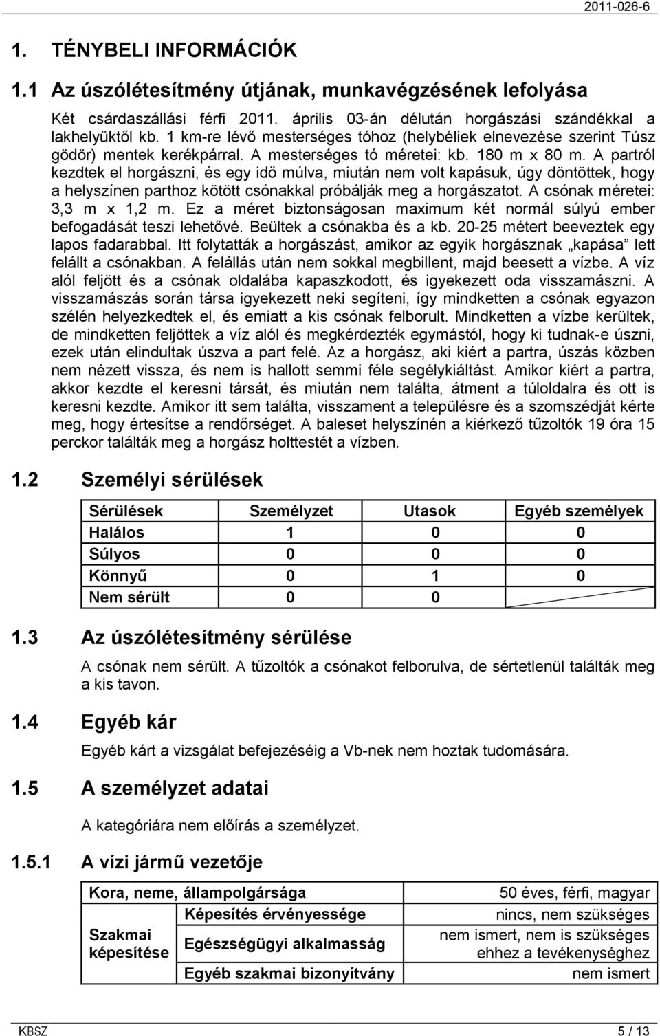 A partról kezdtek el horgászni, és egy idő múlva, miután nem volt kapásuk, úgy döntöttek, hogy a helyszínen parthoz kötött csónakkal próbálják meg a horgászatot. A csónak méretei: 3,3 m x 1,2 m.