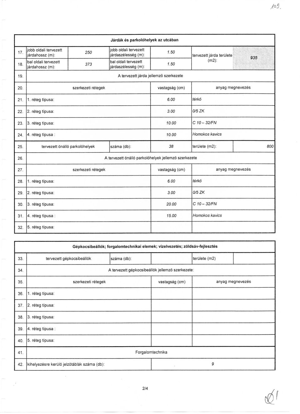 (m2): 935 19. A tervezett jarda jellemzo szerkezete 20. szerkezeti retegek vastagsag (cm) anyag megnevezes 21. 1. reteg tipusa: 6.00 terko 22. 2. reteg tipusa: 3.00 0/5 ZK 23. 3. reteg tipusa: 10.