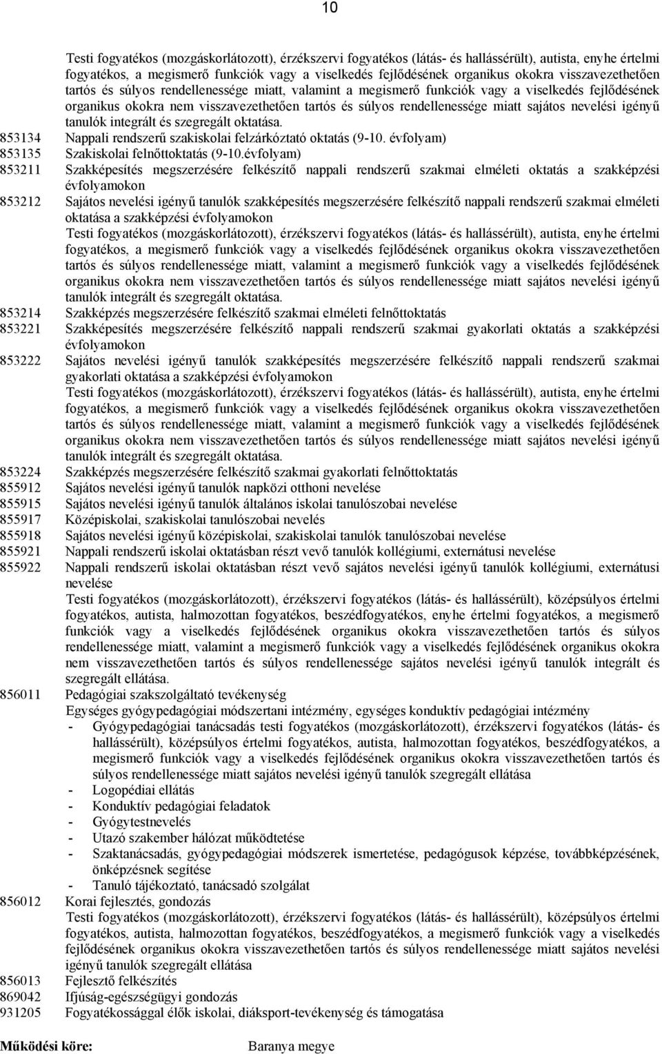 sajátos nevelési igényű tanulók integrált és szegregált oktatása. 853134 Nappali rendszerű szakiskolai felzárkóztató oktatás (9-10. évfolyam) 853135 Szakiskolai felnőttoktatás (9-10.