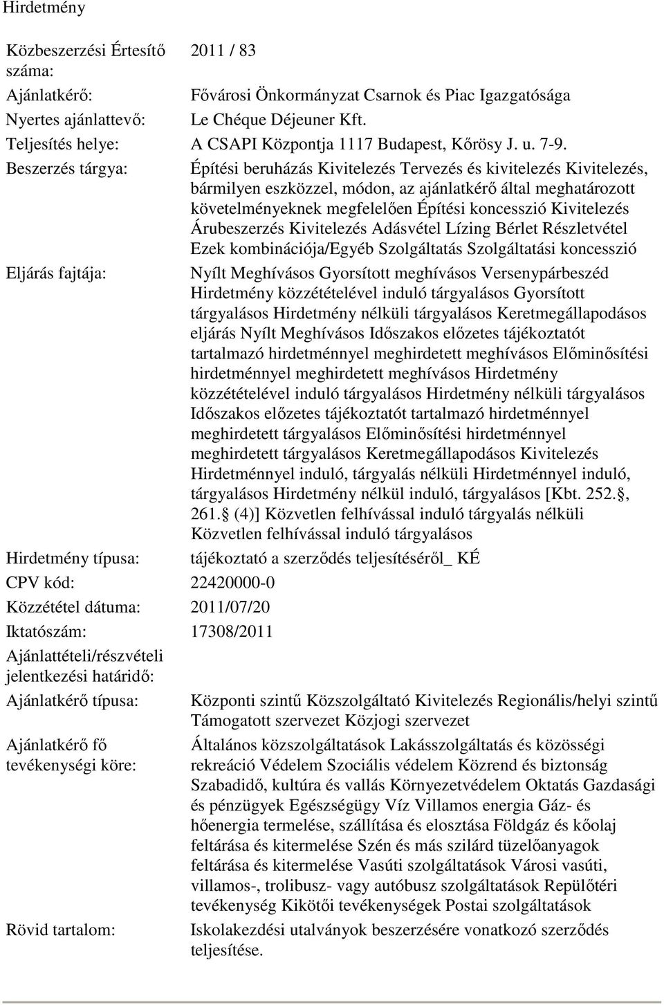 Beszerzés tárgya: Építési beruházás Kivitelezés Tervezés és kivitelezés Kivitelezés, bármilyen eszközzel, módon, az ajánlatkérő által meghatározott követelményeknek megfelelően Építési koncesszió