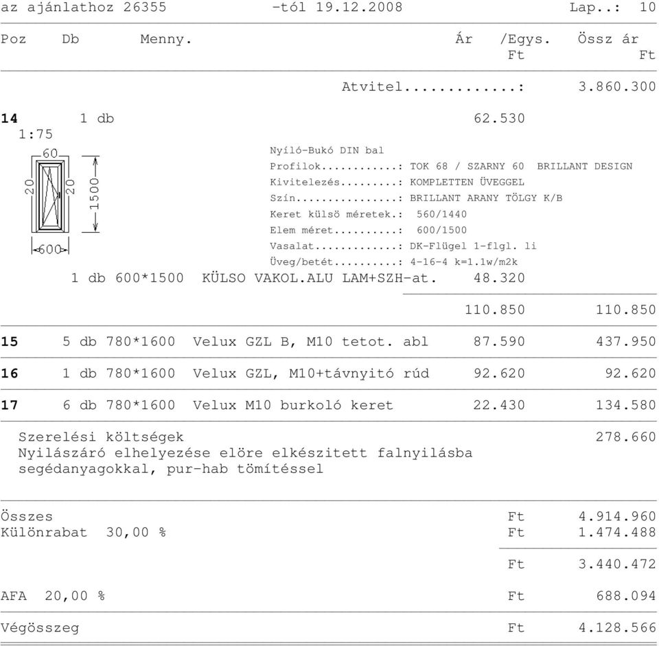 590 437.950 16 1 db 780*1600 Velux GZL, M10+távnyitó rúd 92.620 92.620 17 6 db 780*1600 Velux M10 burkoló keret 22.430 134.580 Szerelési költségek 278.