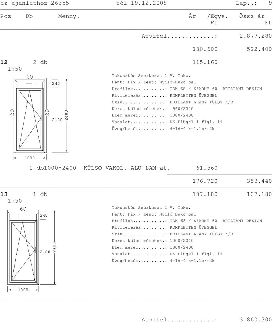 ALU LAM-at. 61.560 176.720 353.440 13 1 db 107.180 107.180 1:50 Tokosztós Szerkezet 1 V. Toko. Fent: Fix / Lent: Nyíló-Bukó bal Keret külsö méretek.