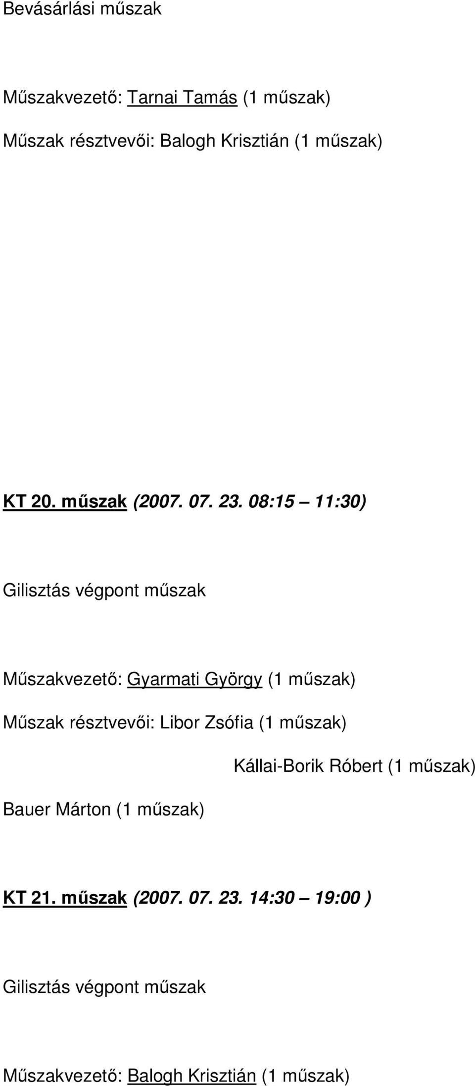 08:15 11:30) Gilisztás végpont műszak Műszakvezető: Gyarmati György (1 műszak) Műszak résztvevői: Libor